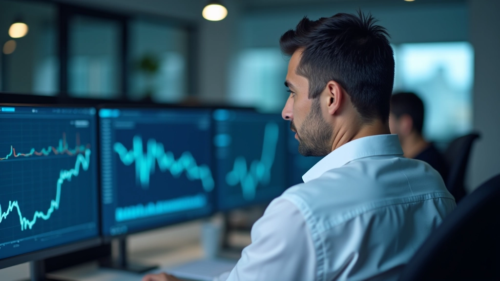 Analyste étudiant les données de révisions de consensus sur un écran, environnement de bureau moderne