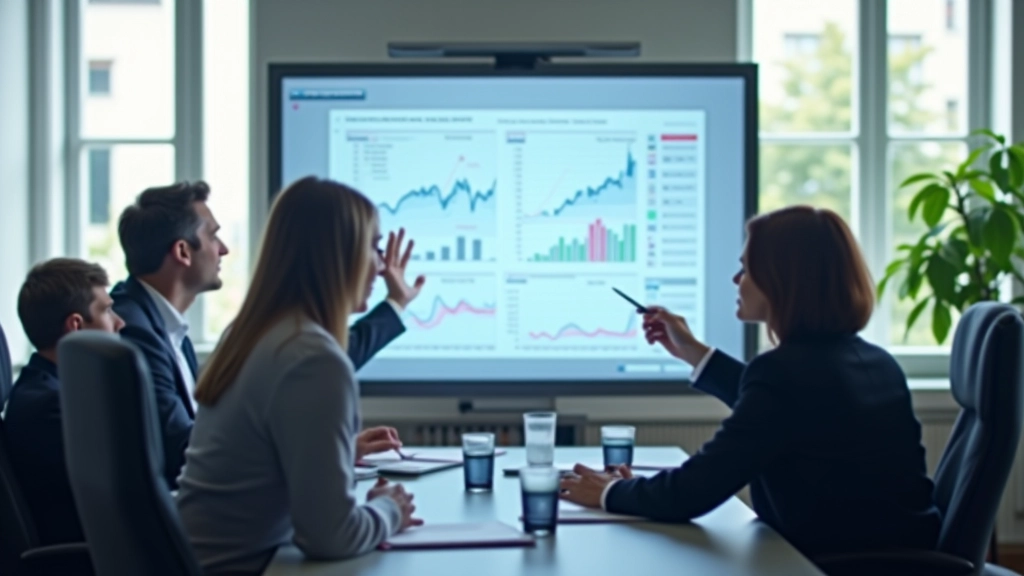 Réunion d'équipe d'analystes discutant des résultats trimestriels autour d'une table